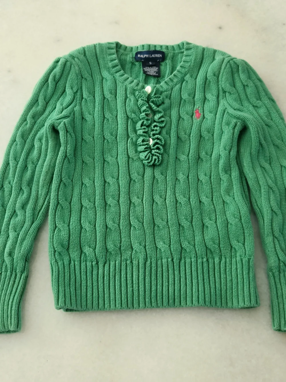 Ralph Lauren Emerald Green Cable-Knit Ruffle Henley Sweater With Pink Pony